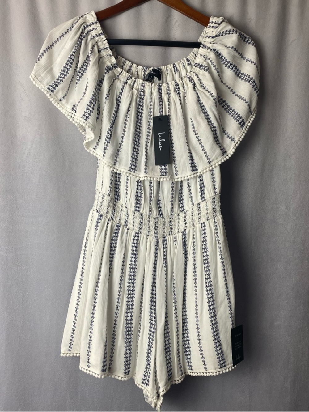 Lulu's off shoulder boho romper striped festival White Navy Embroidery summer S - Picture 2 of 13